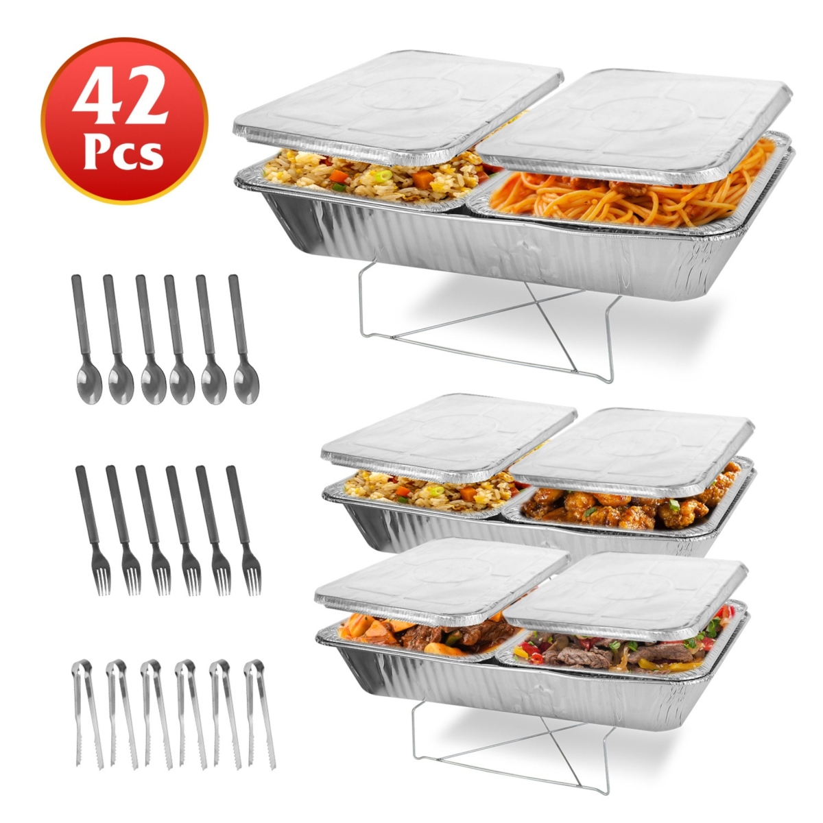 FFF-GPCT5373 Disposable Chafing Dish Buffet Set Chafing Servers with Covers Spoons Forks Tongs Full-Size Pans Food Warmers, Silver - 42 Piece