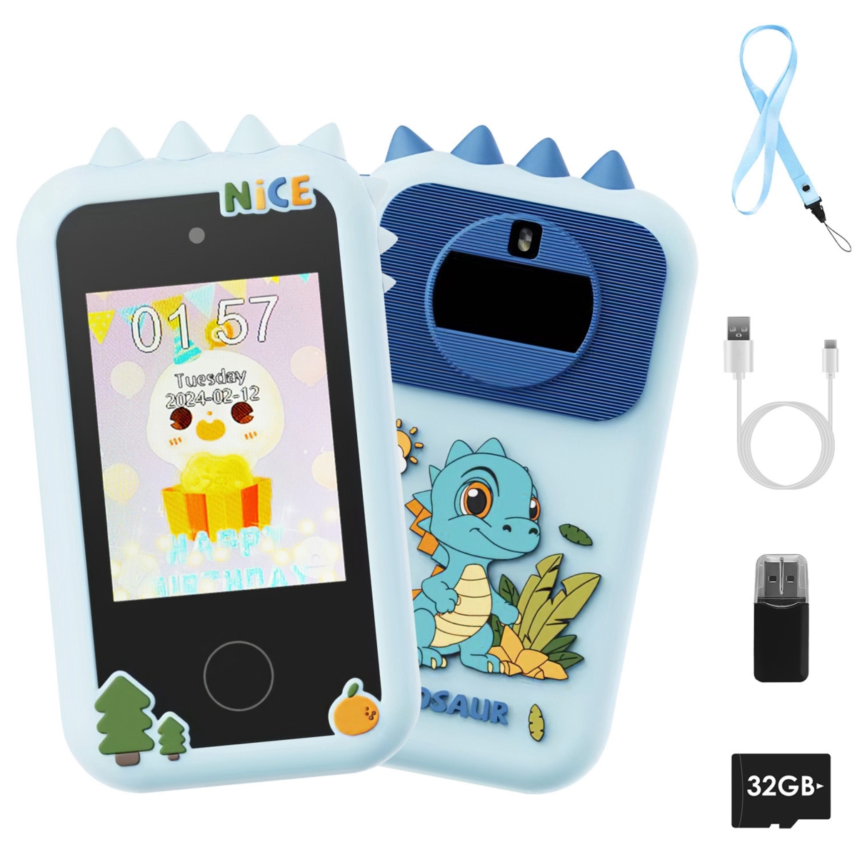 FFF-Blue-GPCT5263 Kids Toy Smartphone Dual Camera Phone Touchscreen Learning Toy with Shockproof Cartoon Case Torch 16 Games ABC Learning - Blue