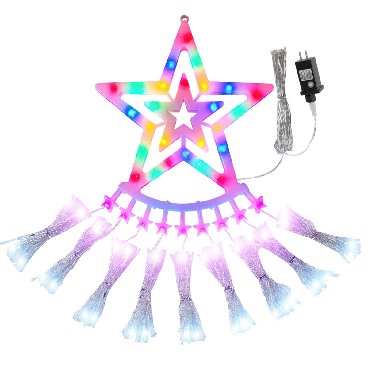 11.48 ft. 350LED Multicolored Christmas Star Waterfall Tree String Light Indoor Outdoor Waterproof String Lights with Star Topper - Multi Color