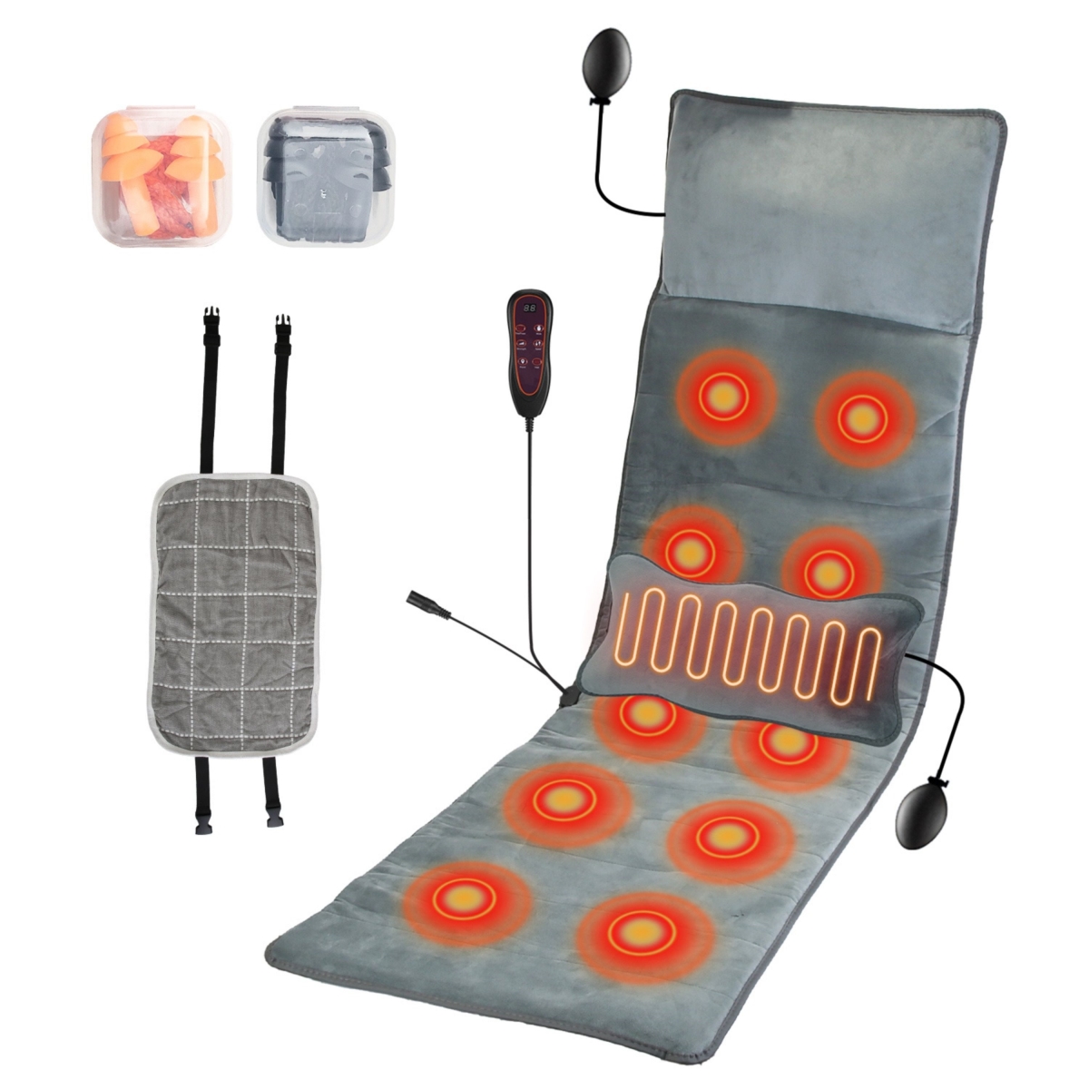 Full Body Electric Massage Mat with Heat Vibration Massage Pad Cushion Back Massage Mattress Chair Pad with Inflatable Head Pillow - Gray