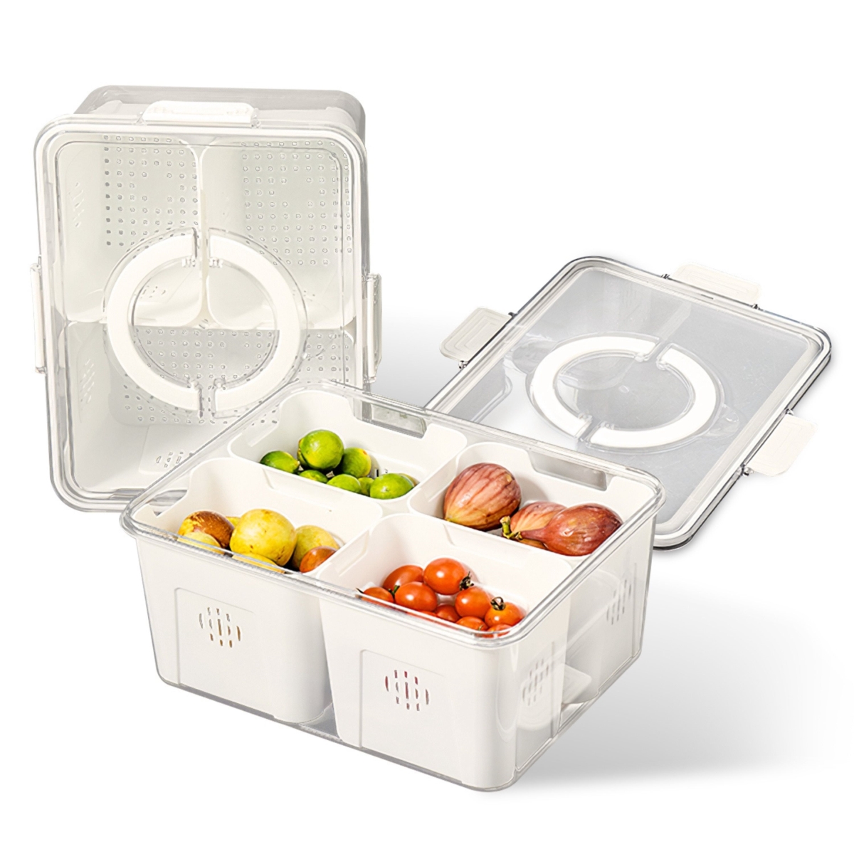 Airtight Fruit Storage Containers 4-Compartment Food Storage Containers Fruit Vegetable Organizers with 8 Removable Colanders - White - Pack of 2
