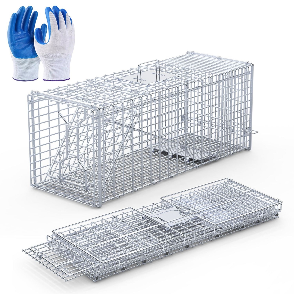 FFF-GPCT5438 37 x 14 x 15 in. Live Animal Trap Cage Folding Catch & Release Humane Cat Trap Galvanized Iron - Silver