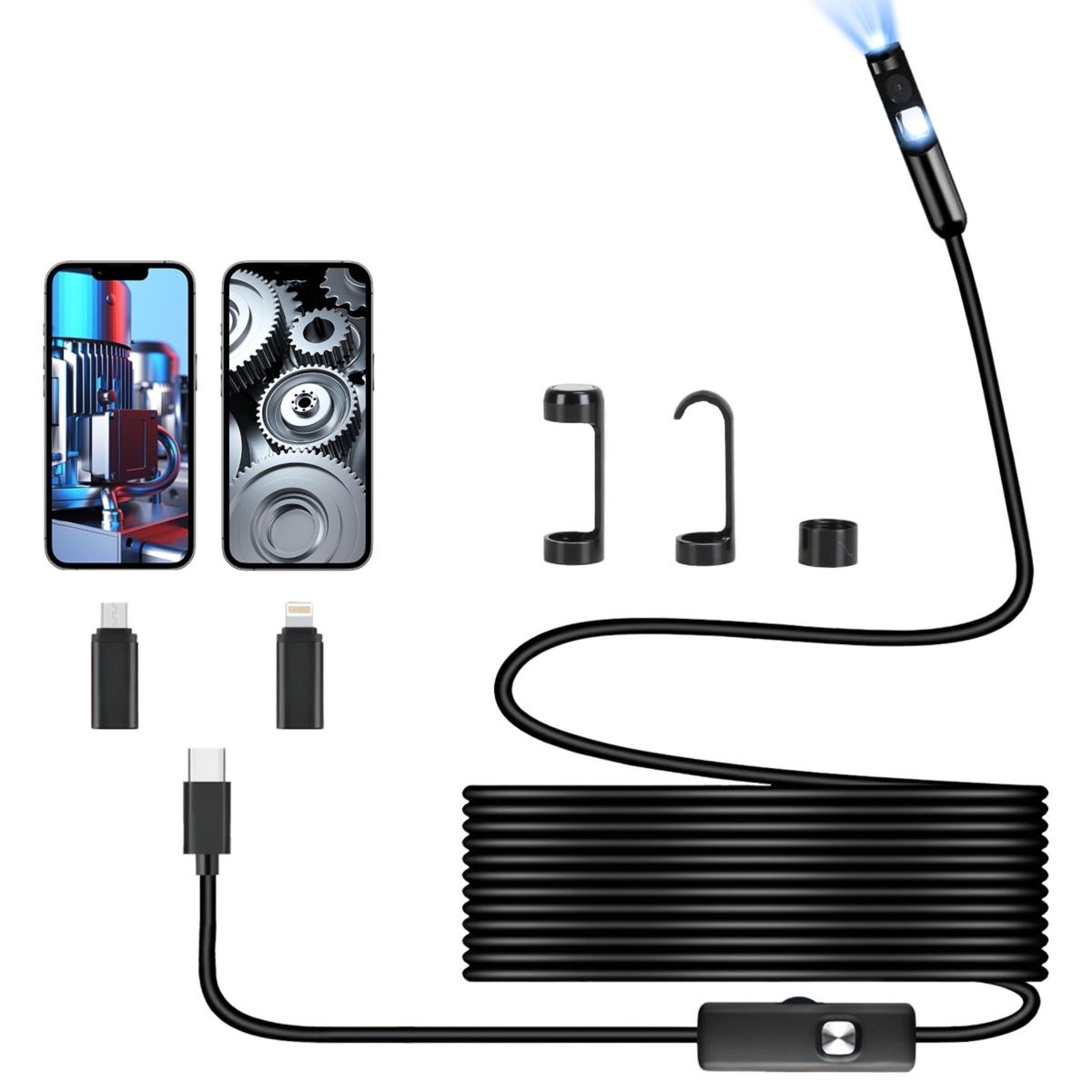 16.4 ft. Endoscope Camera 1920P HD IP67 Waterproof Inspection Borescope Tool with Light & 8 Plus 1 Dual Lens Semi-Rigid Snake Cable - Black