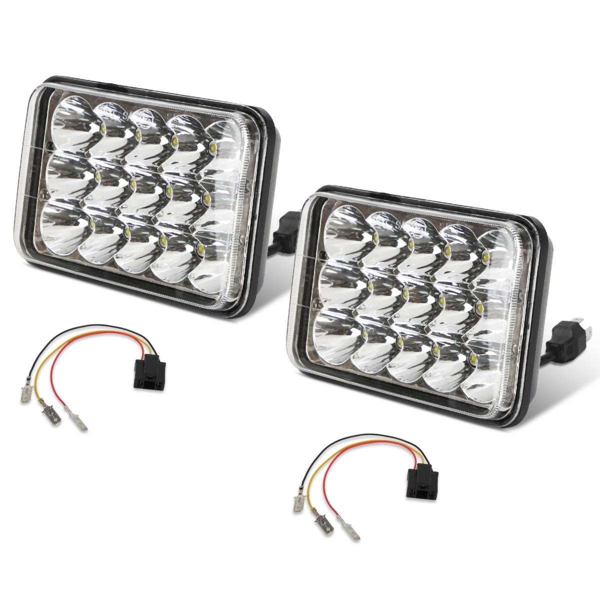 FFF-GPCT5330 4 x 6 in. Car LED Headlights Vehicle Rectangular Headlamp with H4 Socket H4-to-3Pins Adapter with High Low Beam White Light - Black