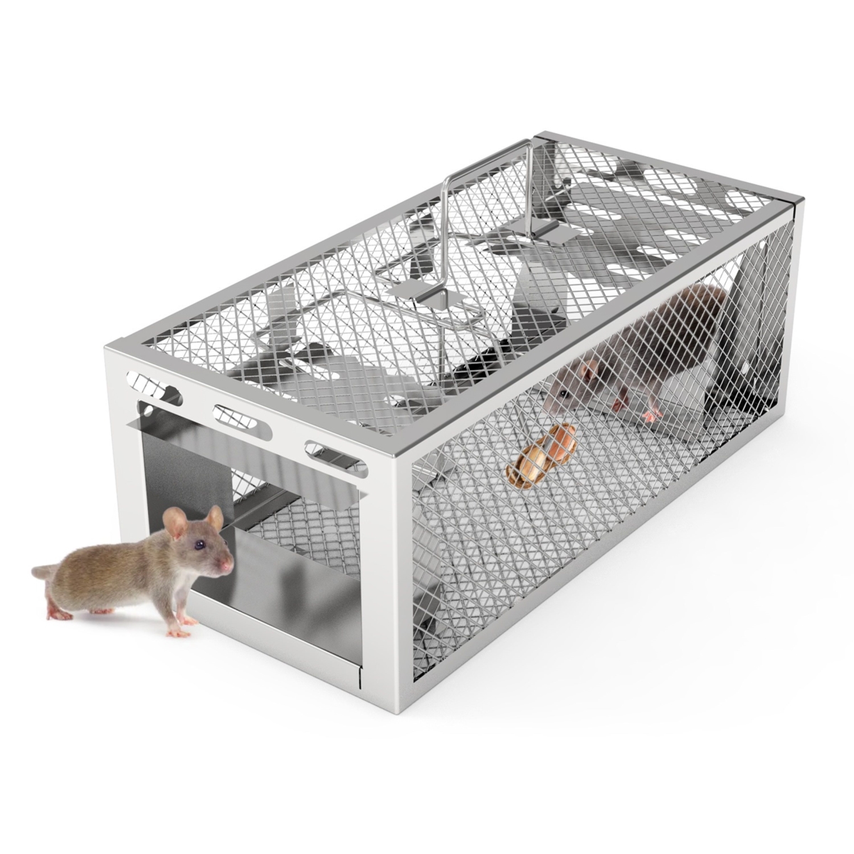11.81 x 5.63 x 4.45 in. 2-Door Humane Rat Trap Automatic Continuous Mouse Trap Reusable Galvanized Iron Live Animal Cage - Silver - Pack of 2