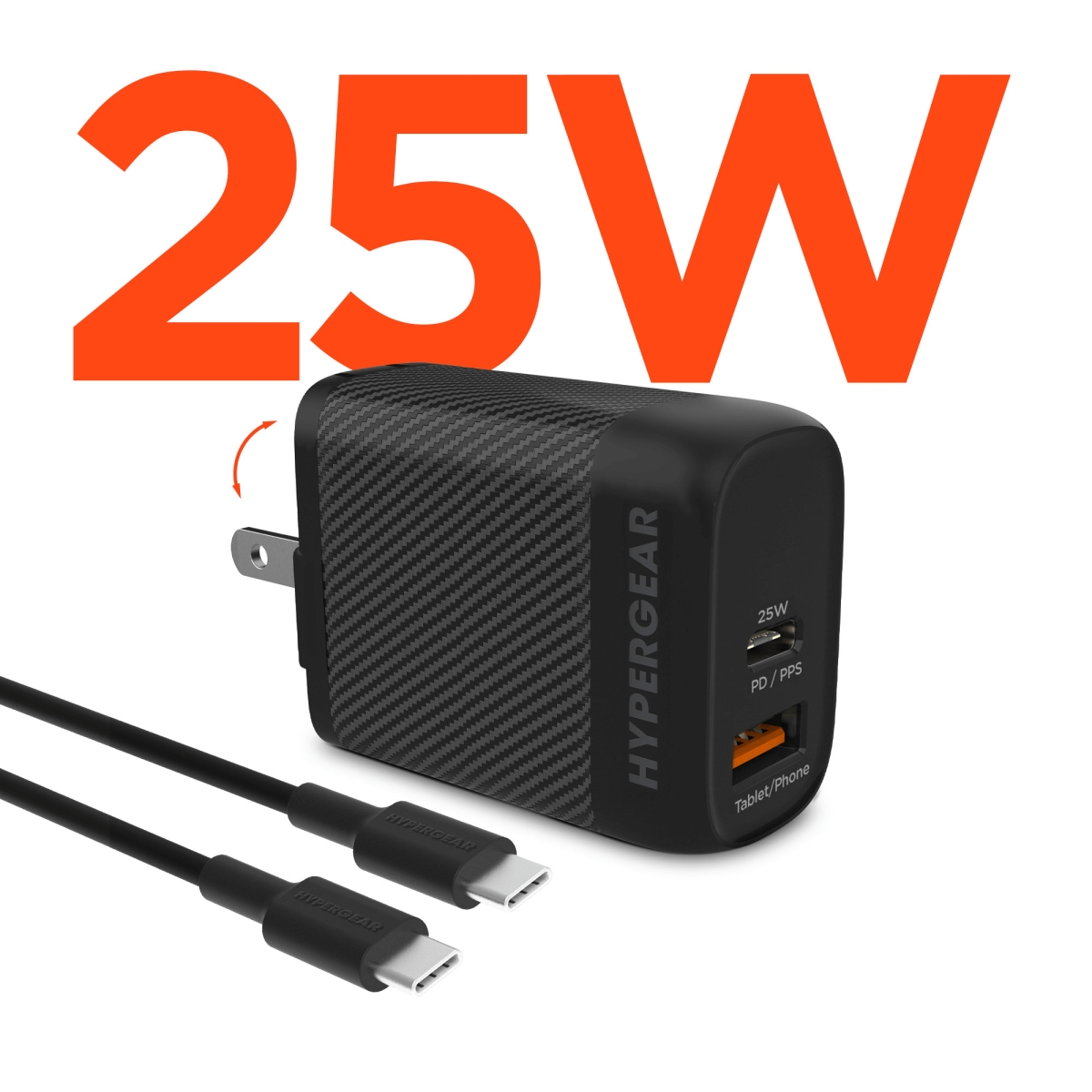 HPG-15626-HYP 6 ft. Speed Boost 25W USB-C PD Plus 12W USB Fast Wall Charger with PPS & USB-C Cable - Black