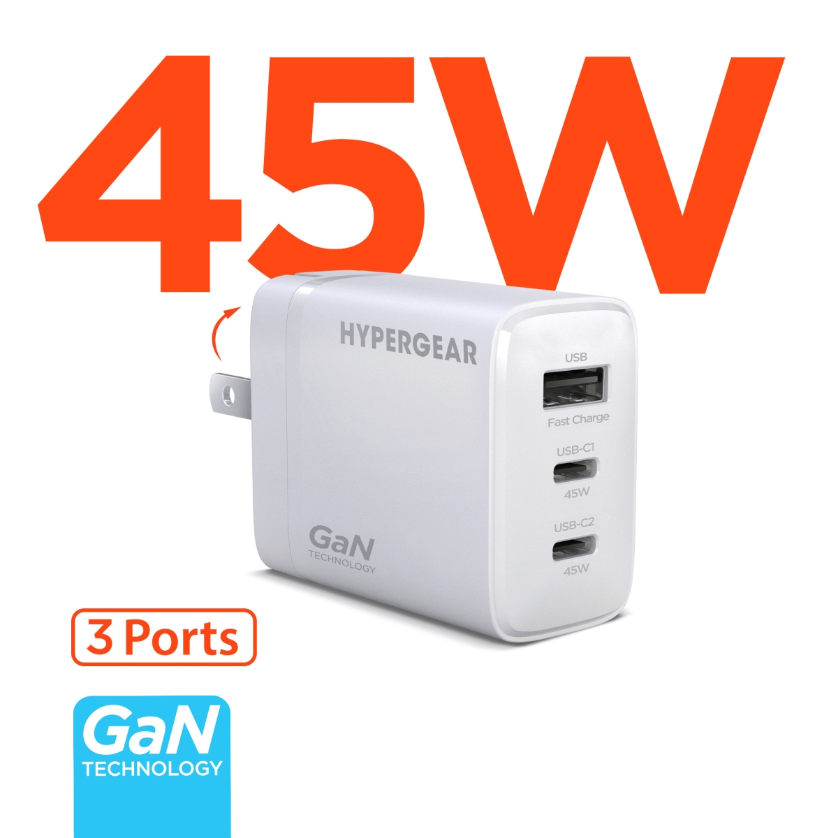HPG-16238-HYP Speed Boost 45W USB-C PD Tri-Port GaN Fast Wall Charger with PPS - White