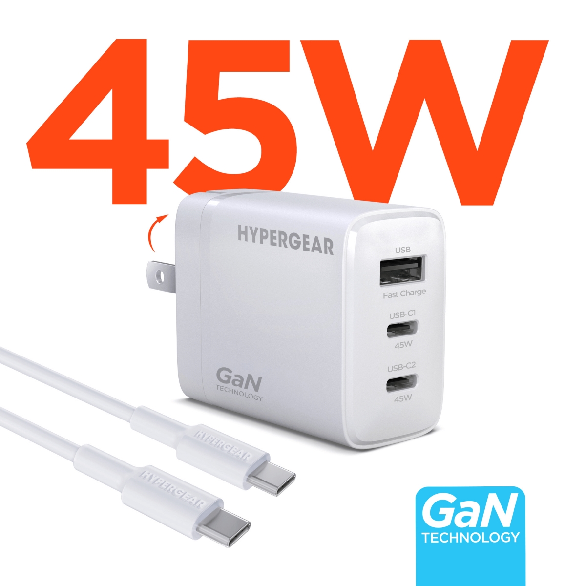 HPG-16239-HYP Speed Boost 45W USB-C PD Tri-Port GaN Fast Wall Charger with PPS & 6ft USB-C Cable - White