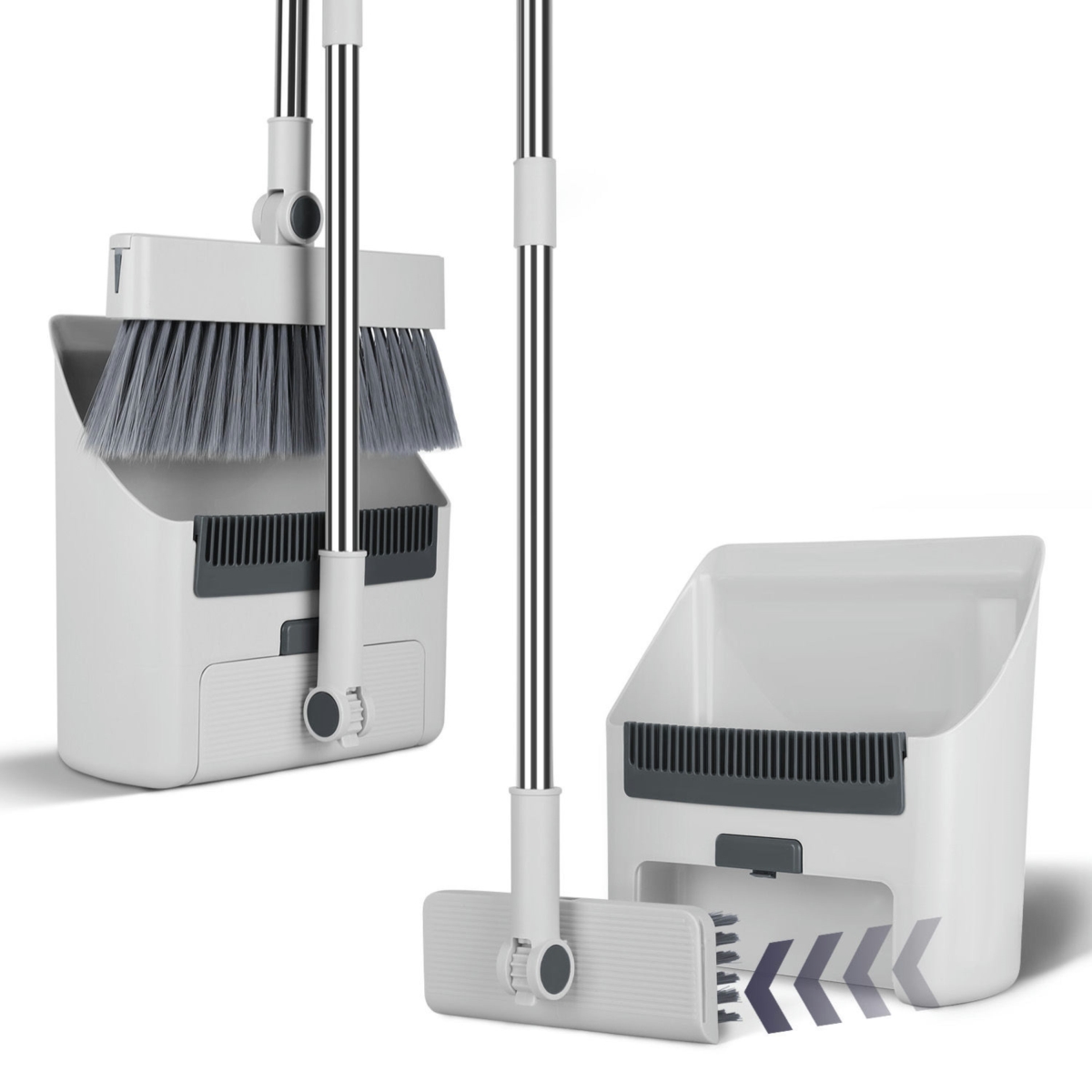 FFF-GPCT5254 Broom & Dustpan Combo Set with Squeegee Stainless Steel Handle 4 in 1 Upright Standing Broom & Dust Pan - White
