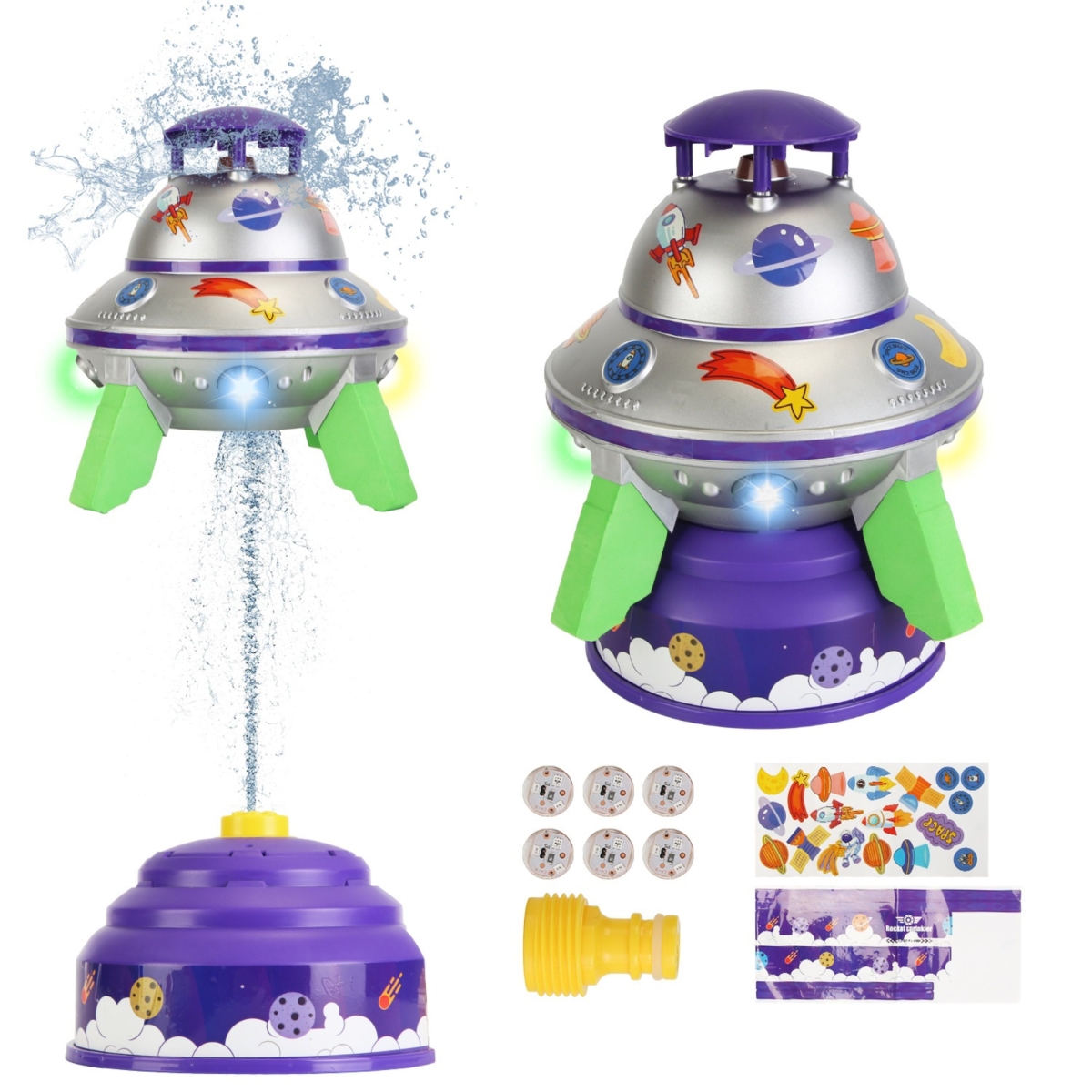 UFO Water Sprinkler Outdoor Summer Rocket Toy with Colorful LED Lights 360 Deg Spinning 1.64 ft. to 6.5 ft. Adjustable Height - Purple