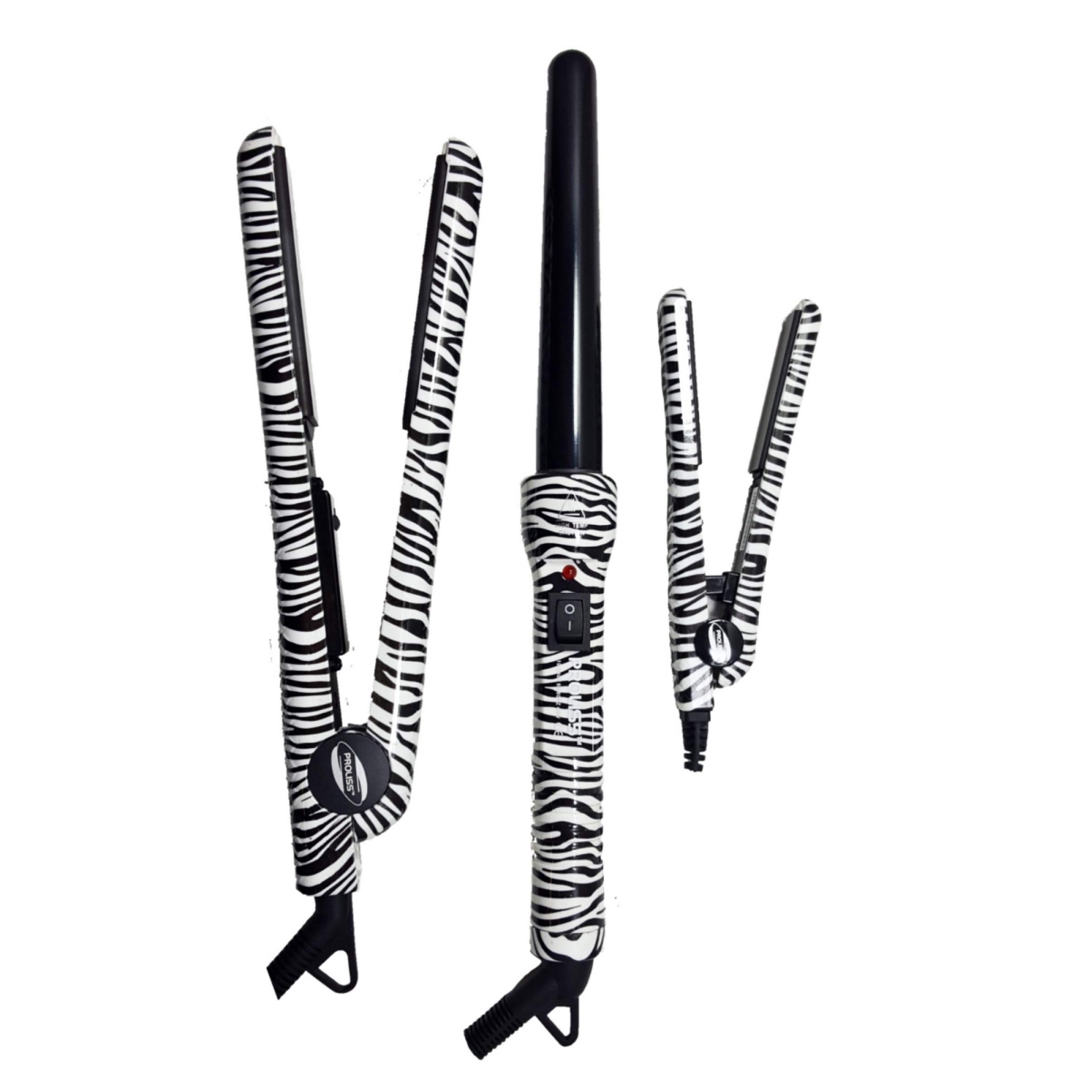 Picture of Proliss PROFSMWZ-134 The Essentials Full Styling Set - 100% Solid Ceramic 1.25&apos; Flat Iron&#44; 0.5&apos; Mini Flat Iron&#44; & Curling Wand - White Zebra