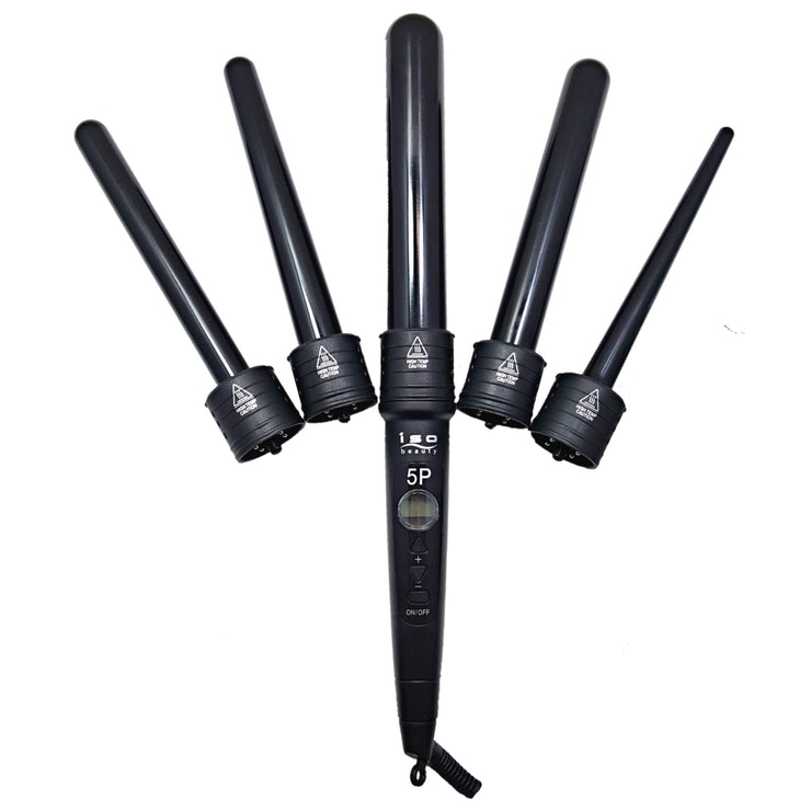 The 5P 5-in-1 Digital Pro Interchangeable Ceramic Curling Wand Set - Black