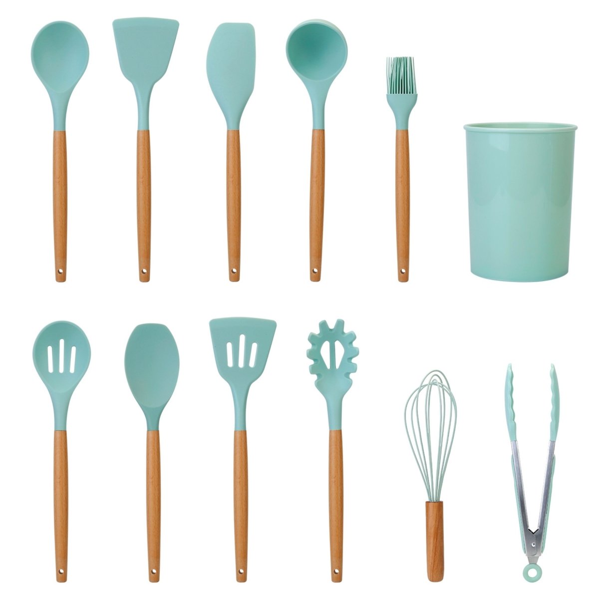 Picture of Fresh Fab Finds FFF-LightGreen-GPCT3024 11-Piece Silicone Cooking Utensil Set with Heat-Resistant Wooden Handle - Spatula&#44; Turner&#44; Ladle&#44; Spaghetti Server&#44; Tongs&#44; Spoon&#44; Egg Whisk&#44; and more!