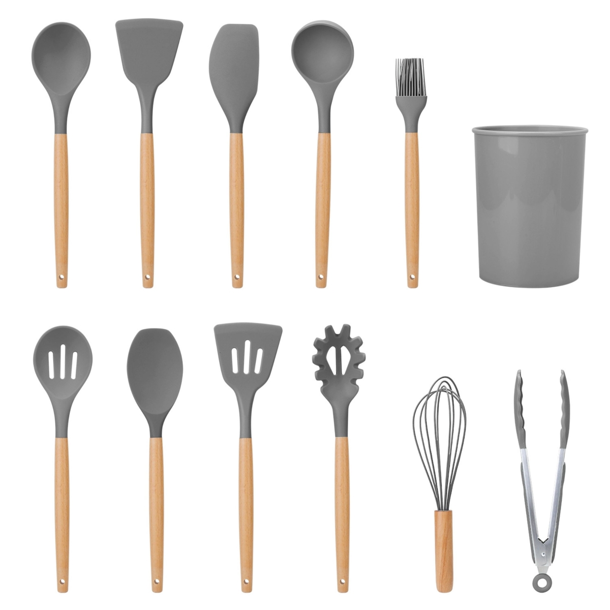 Picture of Fresh Fab Finds FFF-Grey-GPCT3024 11-Piece Silicone Cooking Utensil Set with Heat-Resistant Wooden Handle - Spatula, Turner, Ladle, Spaghetti Server, Tongs, Spoon, Egg Whisk, and more!