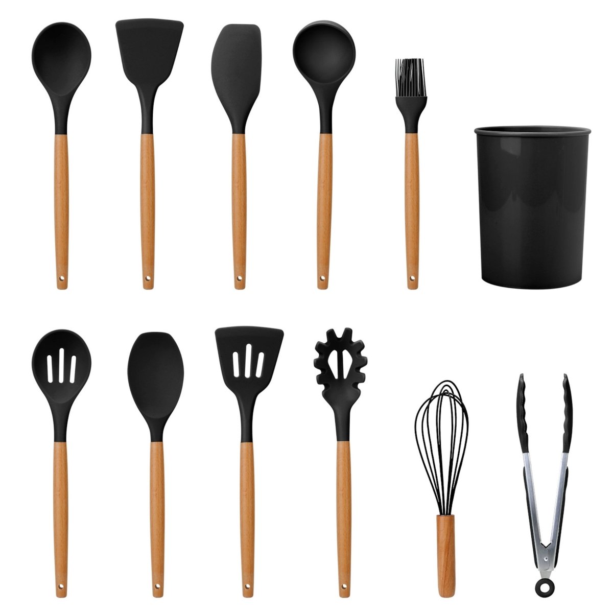 Picture of Fresh Fab Finds FFF-Black-GPCT3024 11-Piece Silicone Cooking Utensil Set with Heat-Resistant Wooden Handle - Spatula&#44; Turner&#44; Ladle&#44; Spaghetti Server&#44; Tongs&#44; Spoon&#44; Egg Whisk&#44; and more!