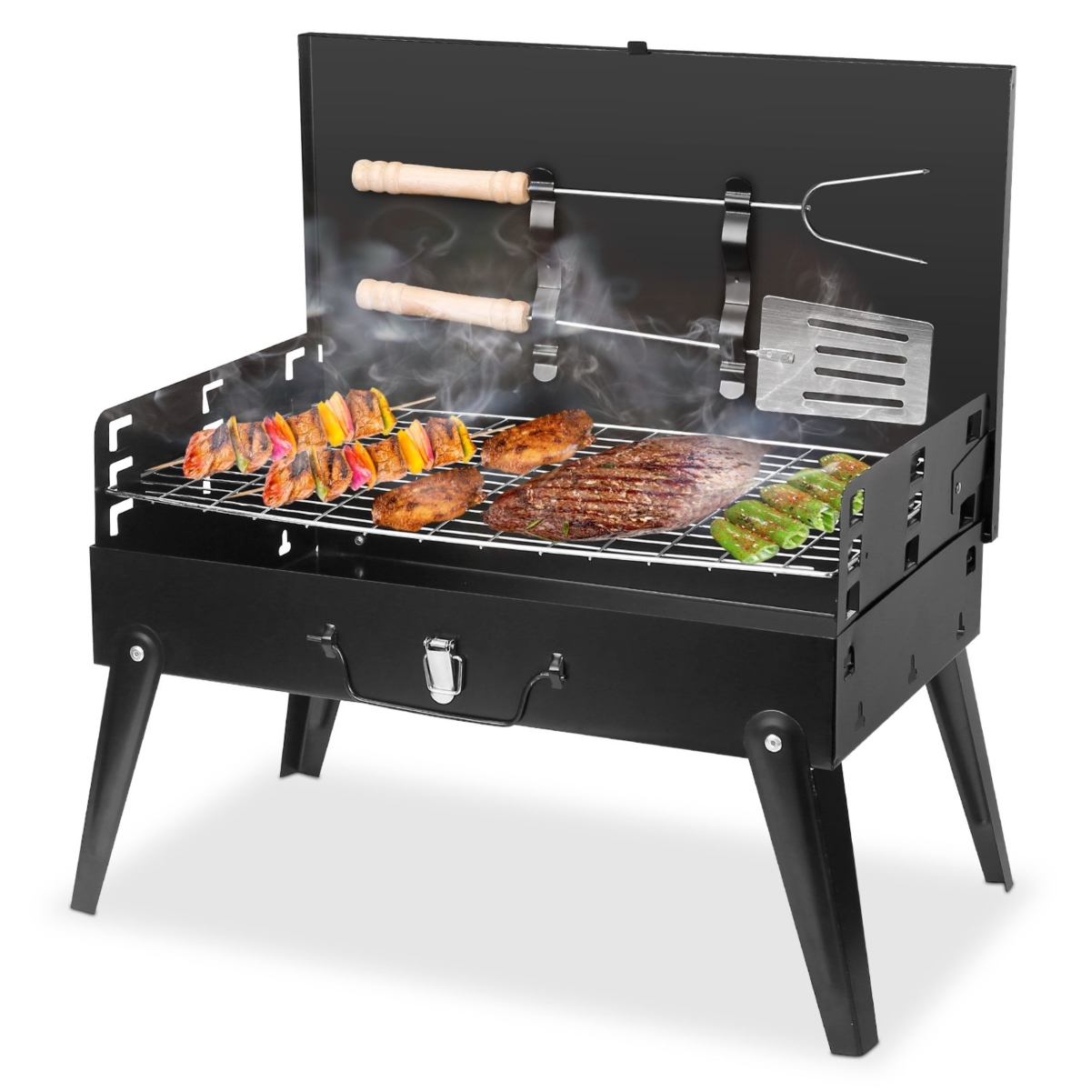 FFF-GPCT3046 Portable Charcoal Grill - Foldable BBQ Suitcase with Shelf - Ideal for Camping, Picnics, and Garden Grilling