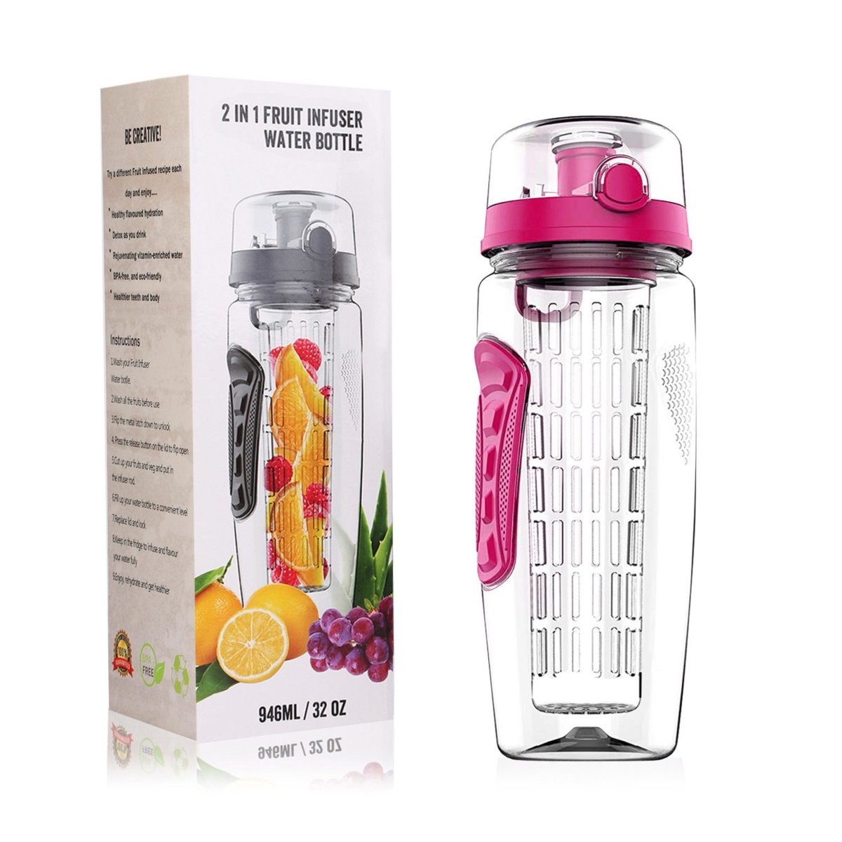 Picture of Fresh Fab Finds FFF-Pink-GPCT1278 32oz Fruit Infuser Water Bottle with Flip Top Lid - Perfect for Office&#44; Home&#44; Sport&#44; Running&#44; Walking&#44; Hiking