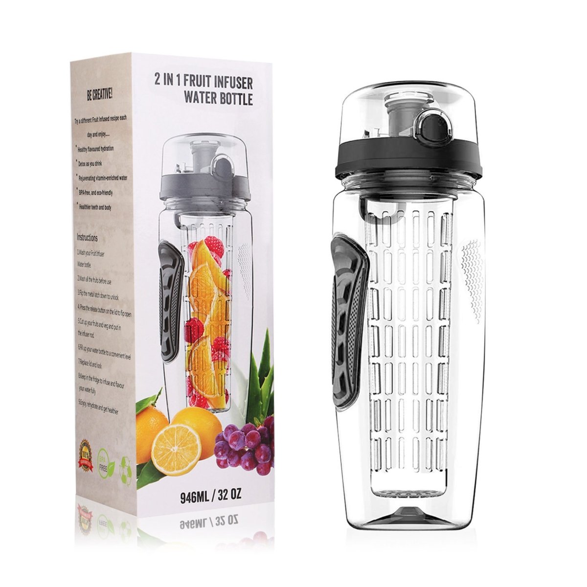 Picture of Fresh Fab Finds FFF-Black-GPCT1278 32oz Fruit Infuser Water Bottle with Flip Top Lid - Perfect for Office&#44; Home&#44; Sport&#44; Running&#44; Walking&#44; Hiking