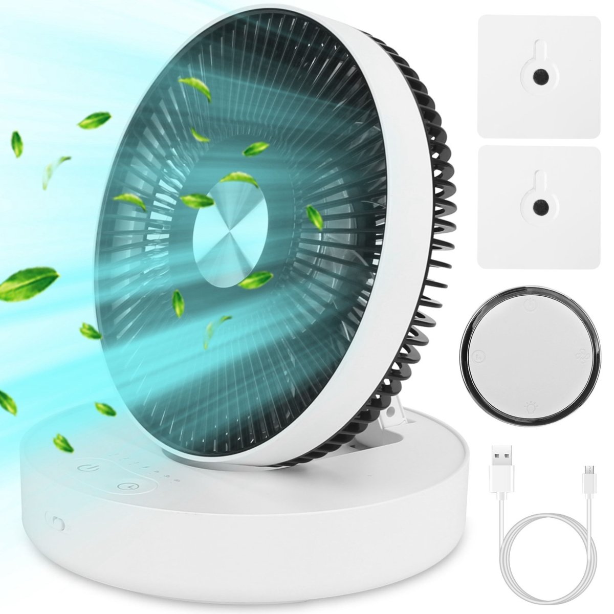 Foldable Rechargeable LED Desk Fan - Wall Mounted, Magnetic Remote, 4 Speeds, 2 Brightness, Time Setting -  MAKEITHAPPEN, MA3743587