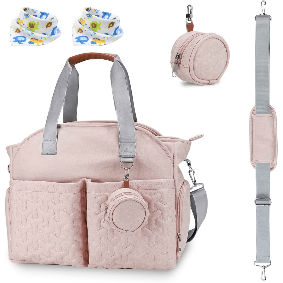 Picture of Fresh Fab Finds FFF-Pink-GPCT4165 Breast Pump Bag Diaper Tote Bag with Detachable Shoulder Strap Side Pocket Free Baby Bibs Compatible with Spectra S1 S2 Medela&#44; Pink