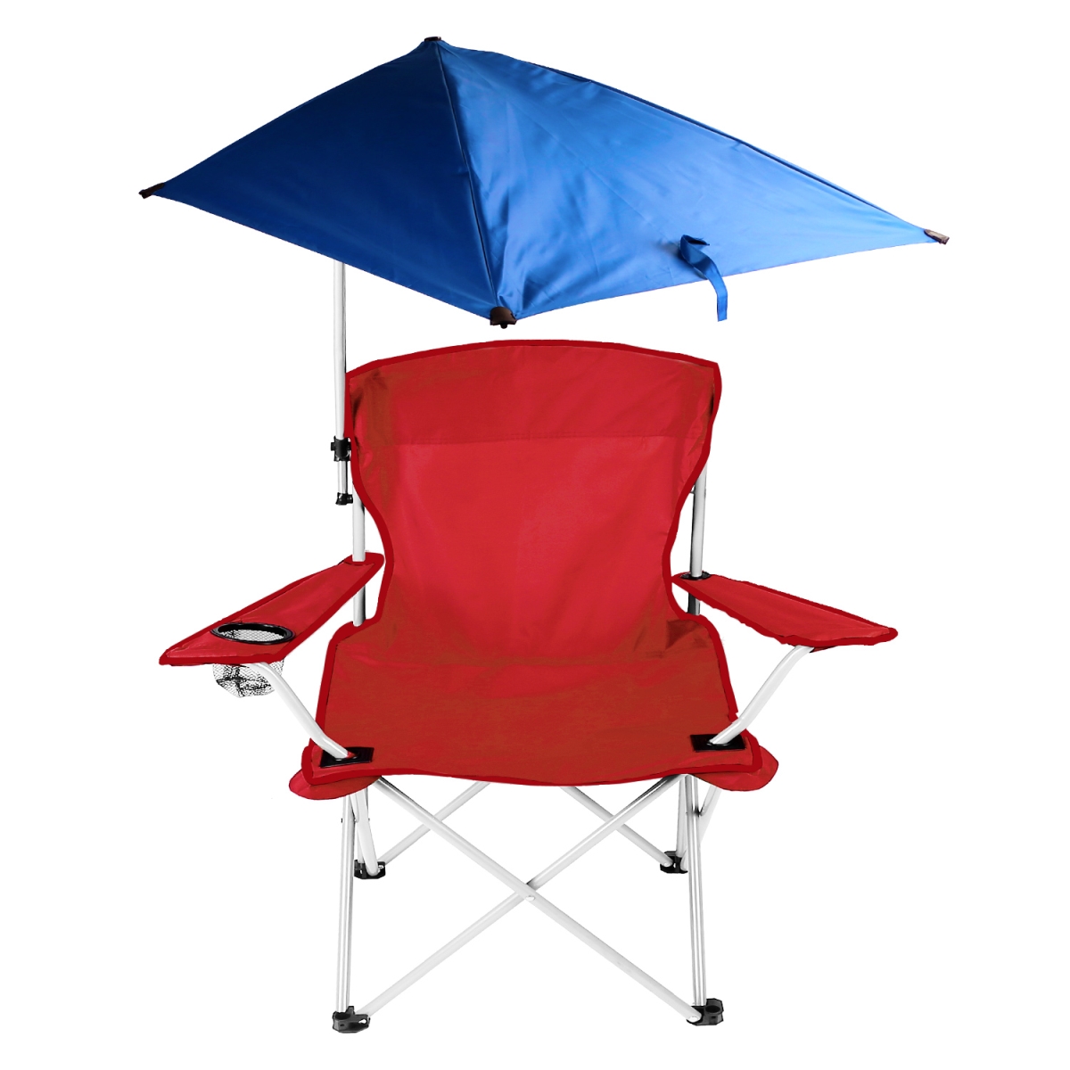 Foldable Beach Chair with Detachable Umbrella Armrest Adjustable Canopy Stool with Cup Holder, Red