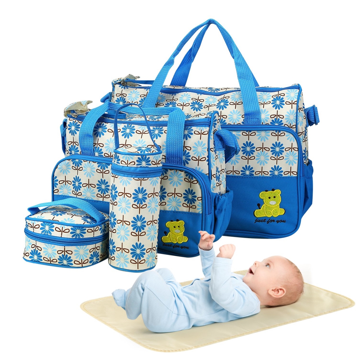 FFF-Blue-GPCT1062 Mummy Diaper Shoulder Bags with Nappy Changing Pad Insulated Pockets Travel Tote Bags for Mom, Blue - 5 Piece -  Fresh Fab Finds