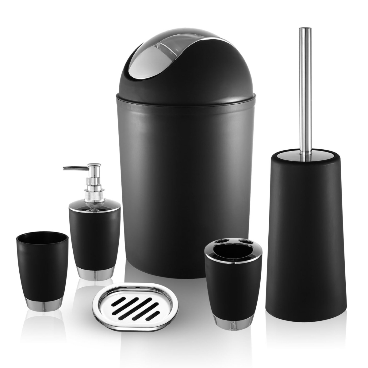 Ensemble Complete Soap Dispenser Toothbrush Holder Tumbler Soap Dish Toilet Cleaning Brush Trash Can Bathroom Accessories, Black - 6 Piece -  Fresh Fab Finds, FFF-Black-GPCT1713