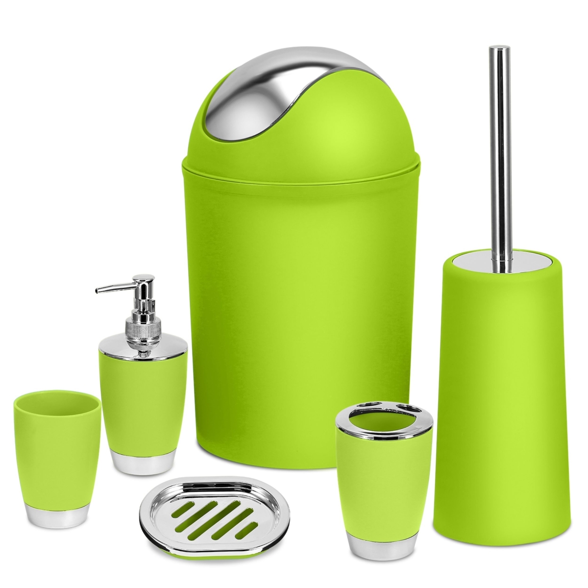 Ensemble Complete Soap Dispenser Toothbrush Holder Tumbler Soap Dish Toilet Cleaning Brush Trash Can Bathroom Accessories, Green - 6 Piece -  Fresh Fab Finds, FFF-GRN-GPCT1713