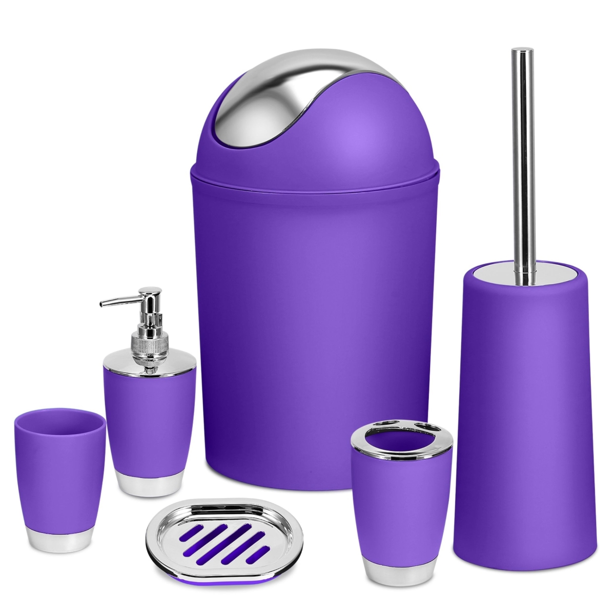 Ensemble Complete Soap Dispenser Toothbrush Holder Tumbler Soap Dish Toilet Cleaning Brush Trash Can Bathroom Accessories, Purple - 6 Piece -  Fresh Fab Finds, FFF-PPL-GPCT1713