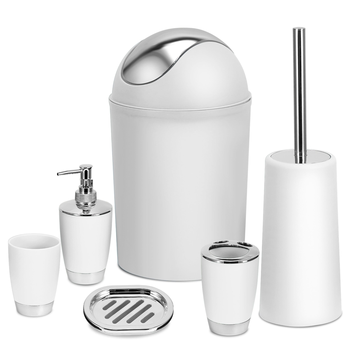 Ensemble Complete Soap Dispenser Toothbrush Holder Tumbler Soap Dish Toilet Cleaning Brush Trash Can Bathroom Accessories, White - 6 Piece -  Fresh Fab Finds, FFF-WHT-GPCT1713