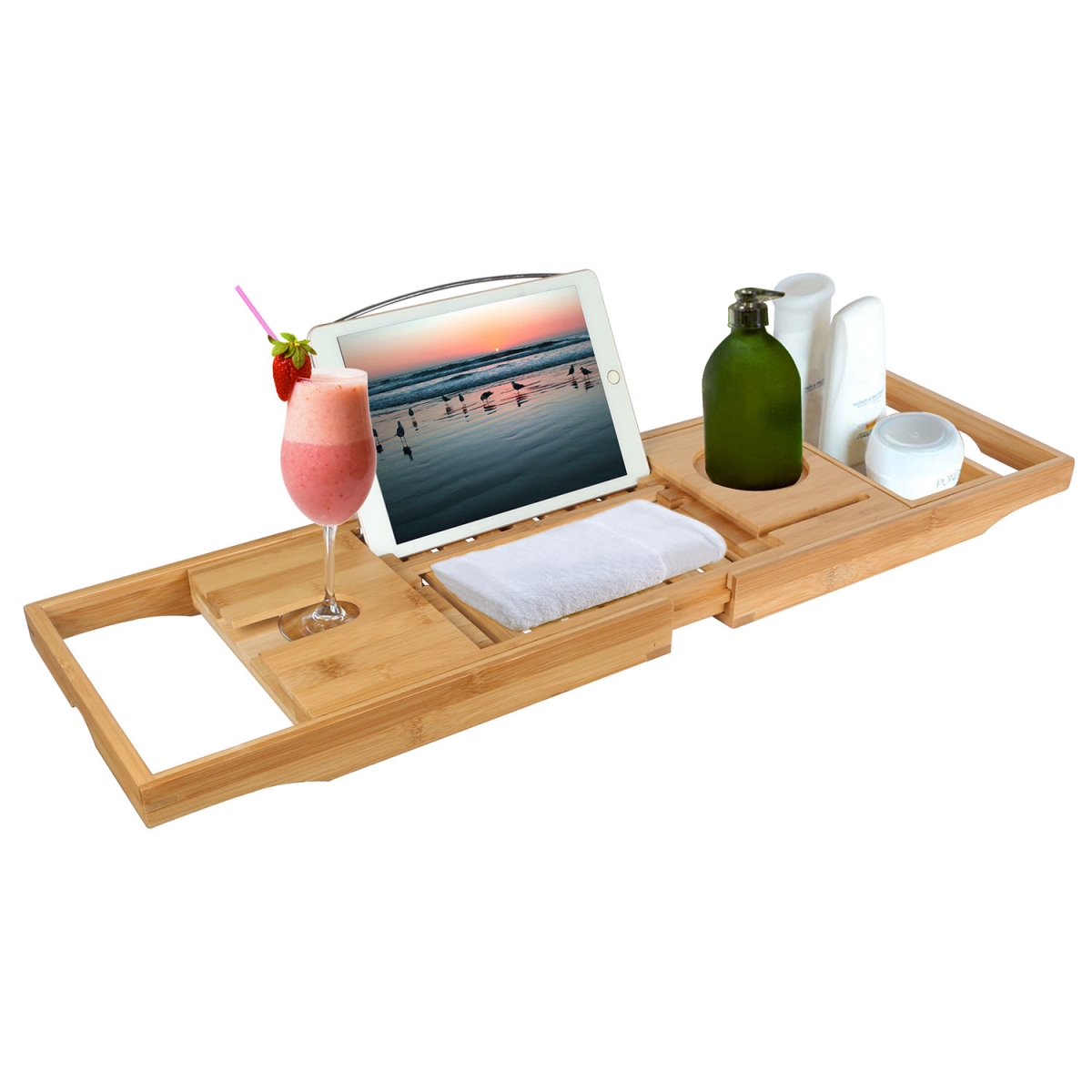 Crafted Bamboo Bath Tray Table Extendable Reading Rack Tablet Bathtub Caddy Tray