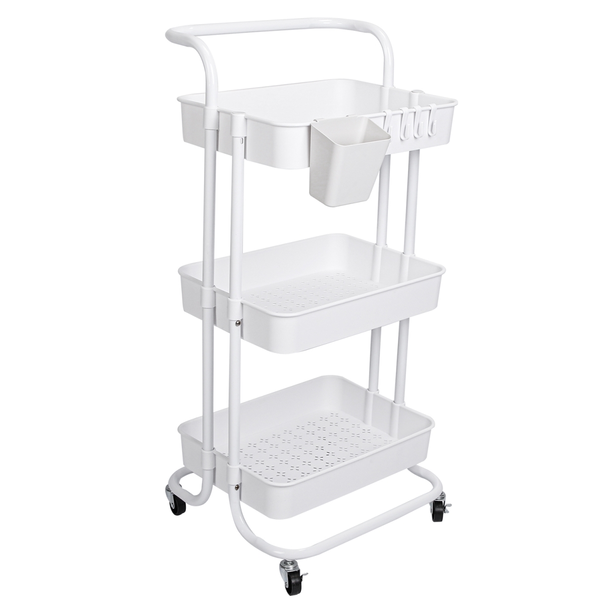 Picture of Fresh Fab Finds FFF-3Tier-White-GPCT4282 3 Tier Rolling Utility Cart Movable Storage Organizer with Mesh Baskets Lockable Wheels 360 Degree Rotatable Hanging Box Hooks&#44; White