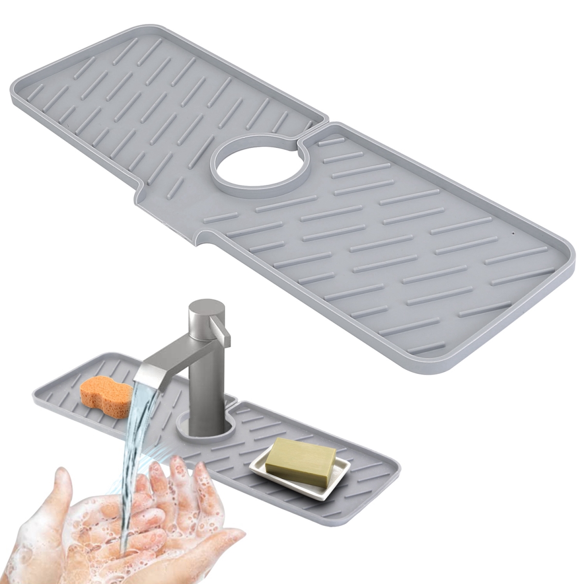 Picture of Fresh Fab Finds FFF-Grey-GPCT3568 Silicone Faucet Mat Kitchen Sink Splash Guard Drain Mat Drying Pad Kitchen Mat Bathroom Drip Catcher, Gray