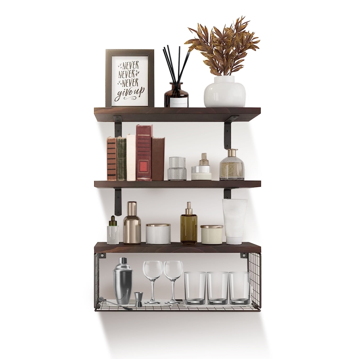 FFF-GPCT4103 2-in-1 Floating Shelves Wall Mounted with Storage Basket Bathroom Shelves Over Toilet Wooden Shelves, Brown