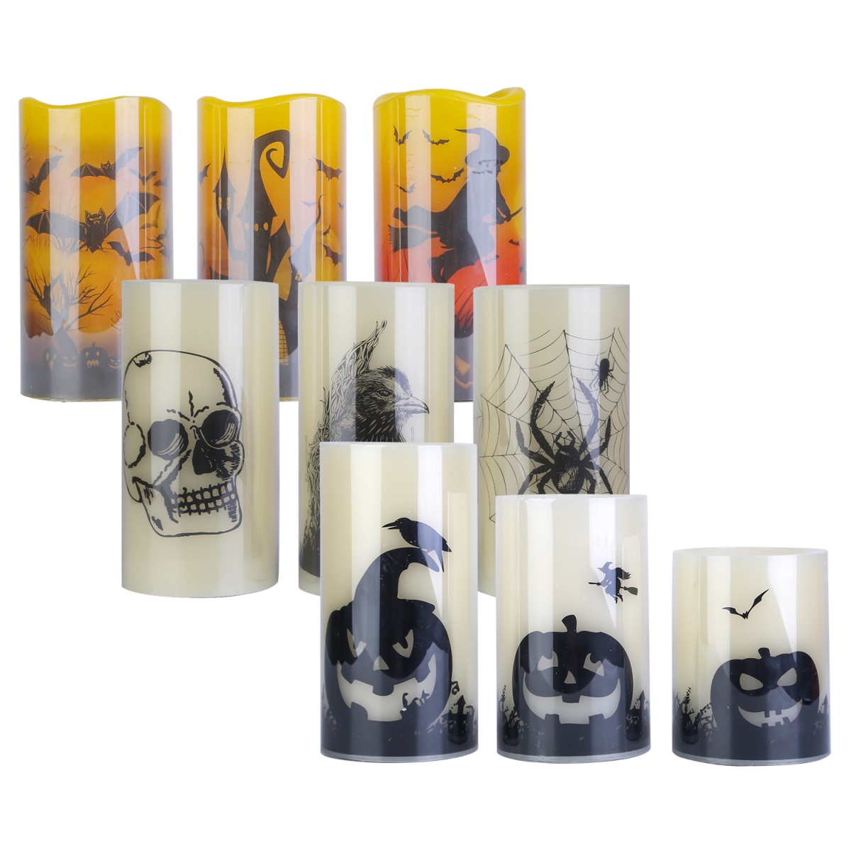 Picture of Fresh Fab Finds FFF-SpiderSkullCrow-GPCT4324 Halloween Flameless Candle Lamp with Timer Setting Battery Operated Warm Orange Light Candles for Halloween Party&#44; Multi Color - Pack of 3