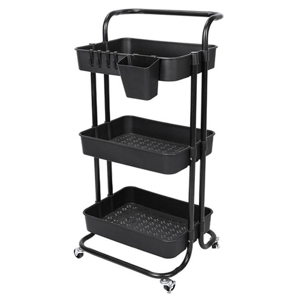 FFF-3Tier-Black-GPCT4282 3 Tier Rolling Utility Cart with Mesh Baskets, Lockable Wheels 360 Degree Rotatable Hanging Box Hooks, Black