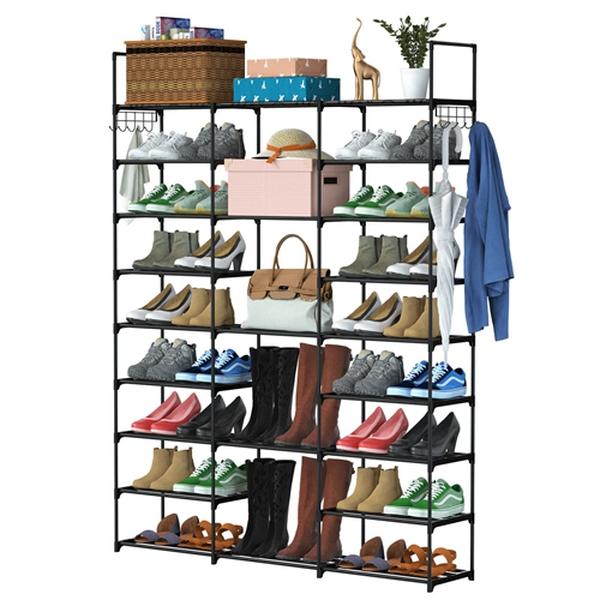 Picture of Fresh Fab Finds FFF-GPCT3883 9 Tiers Shoe Rack Metal Shoe Storage Shelf with 50-55 Pairs Shoe Tower Unit Tall Shoe Organizer with 2 Hooks&#44; Black