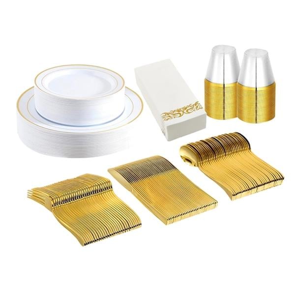 Picture of Fresh Fab Finds FFF-GPCT4335 Disposable Dinnerware Set for Party Wedding Graduation&#44; Gold - 175 Piece