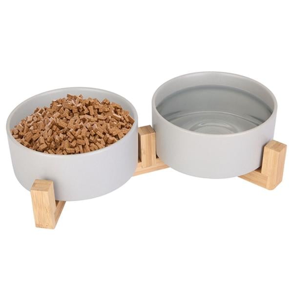 Picture of Fresh Fab Finds FFF-GPCT4382 Double 28.7 oz Ceramic Dog & Cat Bowls with Wooden Stand Raised Pet Feeder