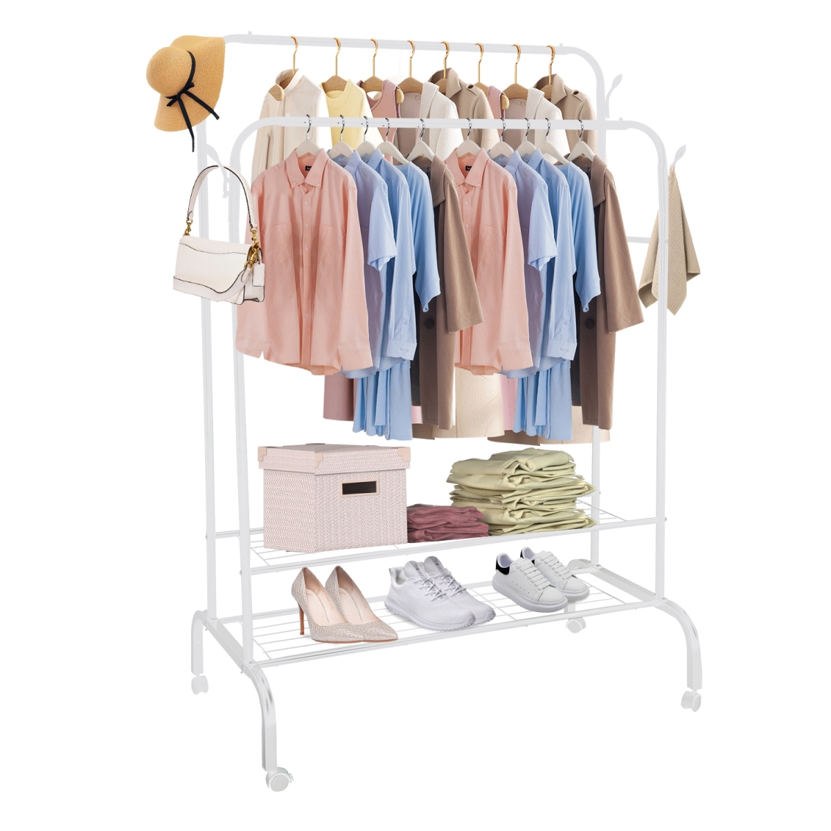 Picture of Fresh Fab Finds FFF-White-GPCT4308 Garment Hanging Rack & Rail Pillow Shoe Display Clothes Organizer Stand with 2 Rails 2 Shelves 4 Rolling Wheels 4 Hooks&#44; White - Unisex