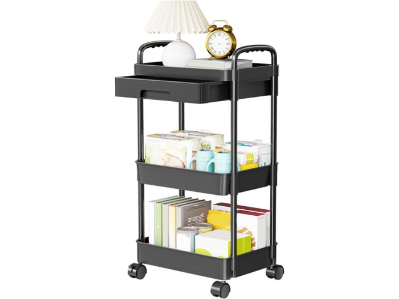 Picture of Fresh Fab Finds FFF-Black-3Tier-GPCT4393 3 Tier Rolling Utility Cart Movable Storage Organizer with Drawer Lockable Wheels 360 Degree Rotatable Hallow Design for Bedroom&#44; Bathroom & Kitchen&#44; Black