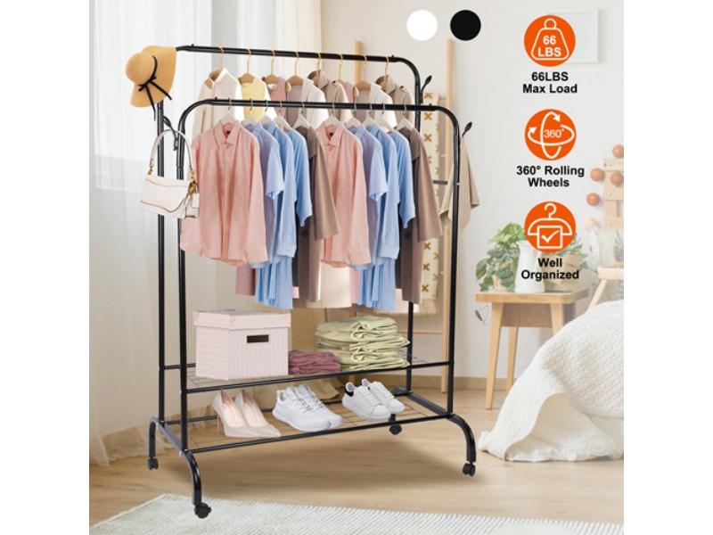 Picture of Fresh Fab Finds FFF-Black-GPCT4308 Garment Clothing Hanging Rail Pillow Shoe Display Organizer Stand with 2 Rails 2 Shelves 4 Rolling Wheels 4 Hooks&#44; Black - Unisex
