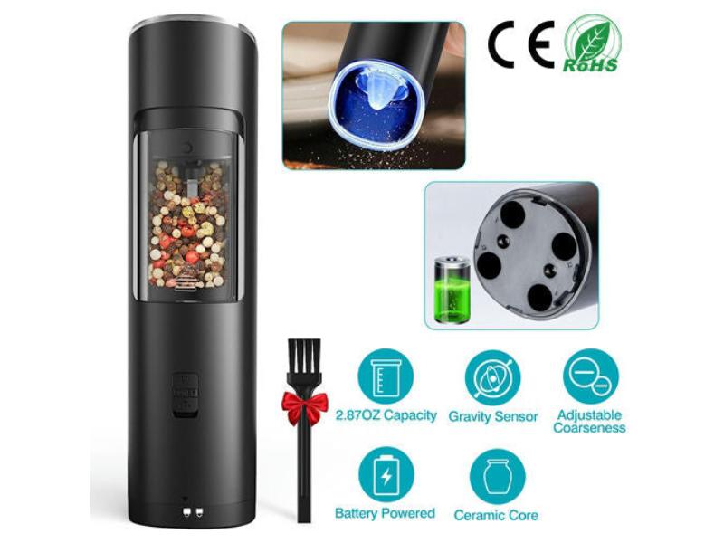 Picture of Fresh Fab Finds FFF-GPCT4194 Electric Salt & Pepper Grinder Automatic Gravity Sensor Battery Powered Salt Mill LED Indicator Adjustable Coarseness One Hand Easy Operation&#44; Black - Unisex