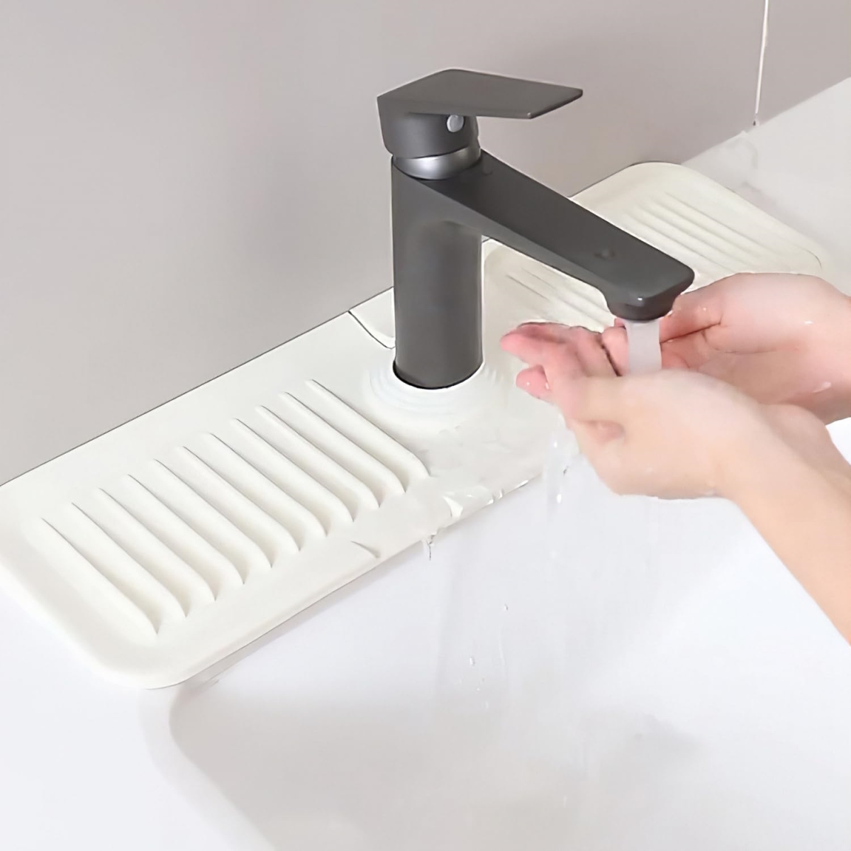 Picture of Fresh Fab Finds FFF-Beige-GPCT4483 14.56 x 5.51 in. Faucet Splash Mat with Silicone Sink Drying Mat Water Drip Catching Tray Water Drainage Pad Sponge Soap Holder&#44; Beige