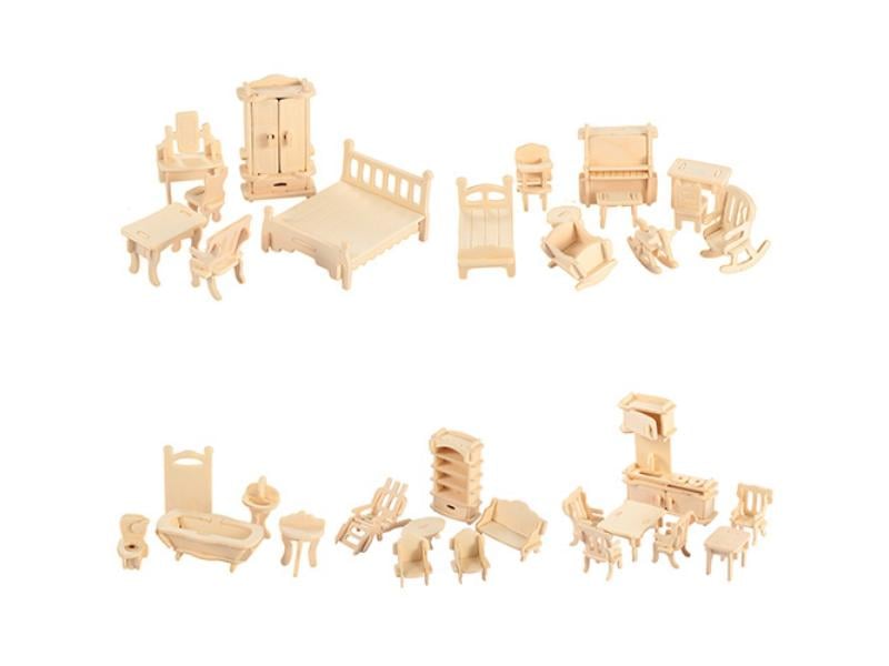 3D Wooden Dollhouse Furniture Puzzles DIY Miniature Furniture Models Set - Unisex