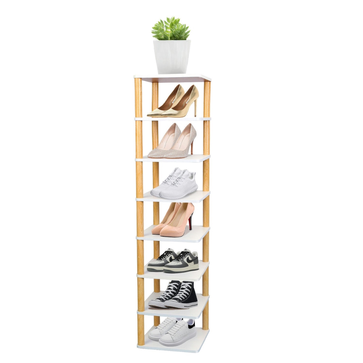 Picture of Fresh Fab Finds FFF-8Tier-S-GPCT4223 8 Tier Entryway Wooden Shoe Rack with Vertical Shoe Shelf Stand Storage Organizer Small Space Saving Corner Shoe Tower Entryway Hallway Closet&#44; White - Small