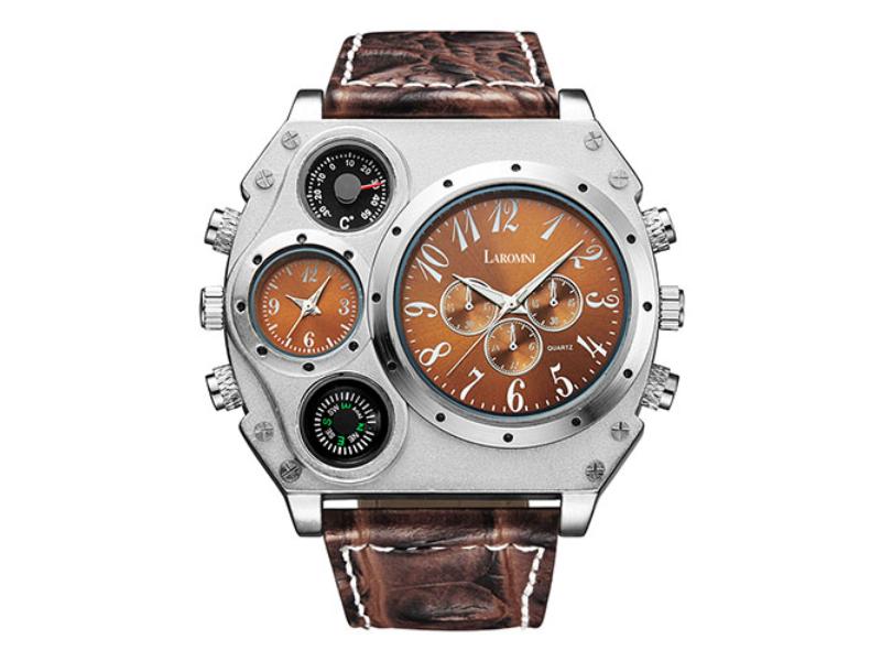 Picture of Fresh Fab Finds FFF-GPCT993 Men Two Time Zone Big Face Military Style Compass Thermometer Decorative Dial PU Leather Strap Quartz Watch&#44; Brown