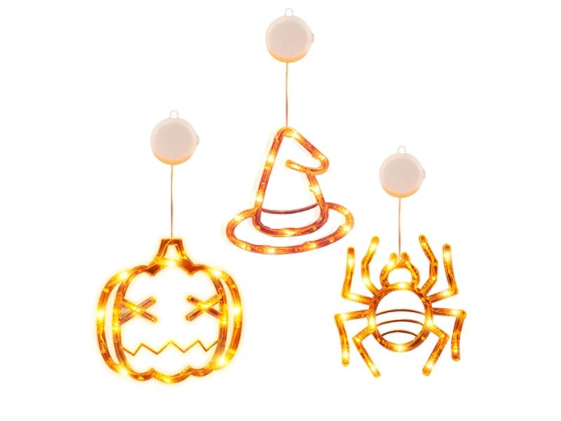 Picture of Fresh Fab Finds FFF-GPCT4277 Halloween Window Light Spider Witch Hat Pumpkin with Orange Light Hanging Halloween Decoration with Suction Cup Hanging Holes&#44; Transparent & Orange Light - Pack of 3