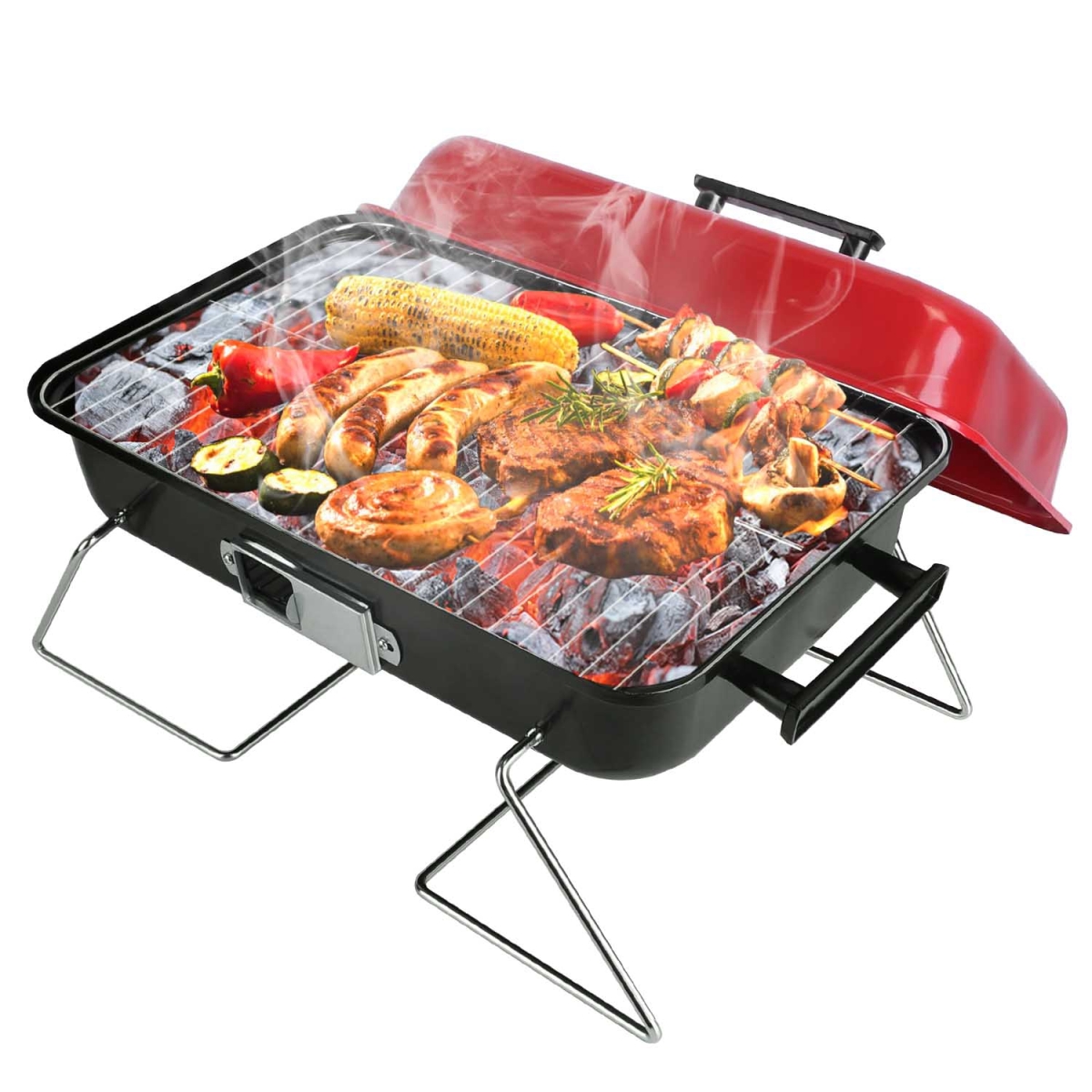 Portable Charcoal Grill Outdoor Tabletop Grill Small Barbecue Smoker Folding BBQ Grill with Lid for Backyard Camping Picnics Beach, Red -  GRANDOLDGARDEN, GR4321881