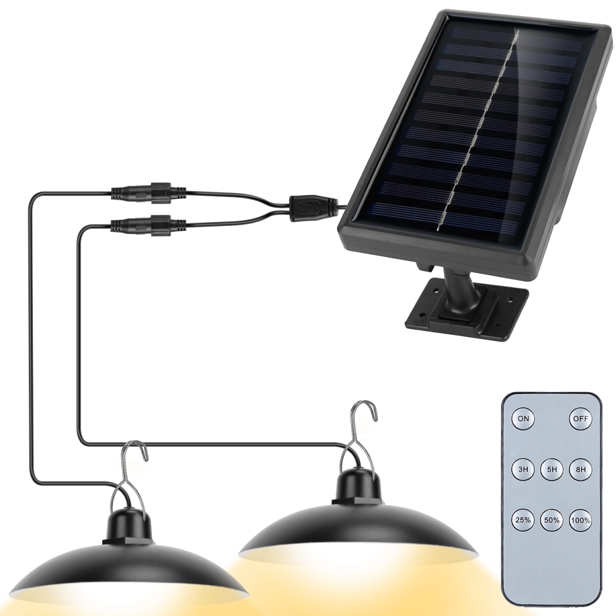 Picture of Fresh Fab Finds FFF-Dual-Warm-GPCT3054 Solar Shed Lights Dual Lighting Heads Dimmable Timing Auto Sensor Turn Off Hanging Lamp IP65 Waterproof Remote Control Pendant Light&#44; Warm Black